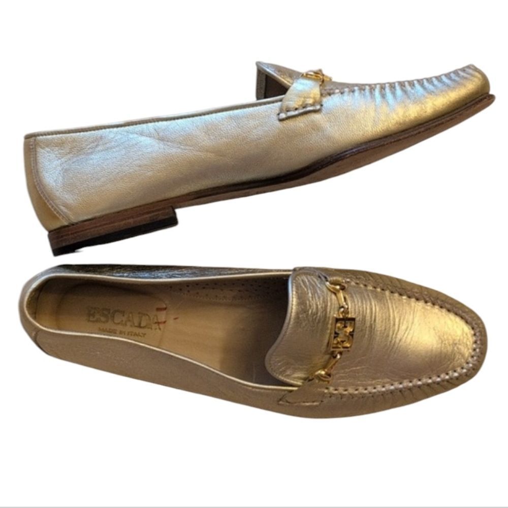 Escada Loafers Metallic Gold Leather Flat Made In Italy Size 10